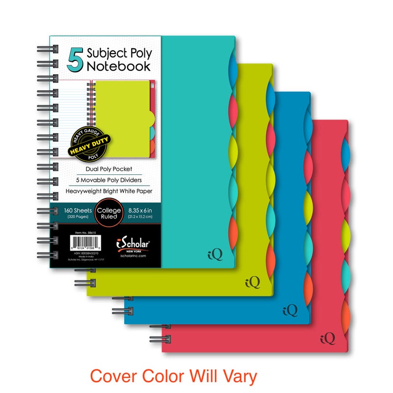 iScholar 5 Subject Poly Cover Double Wire Notebook, 8.35 x 6 Inches, Cover Color May Vary (58615)160 Sheets , Assorted - Image 2